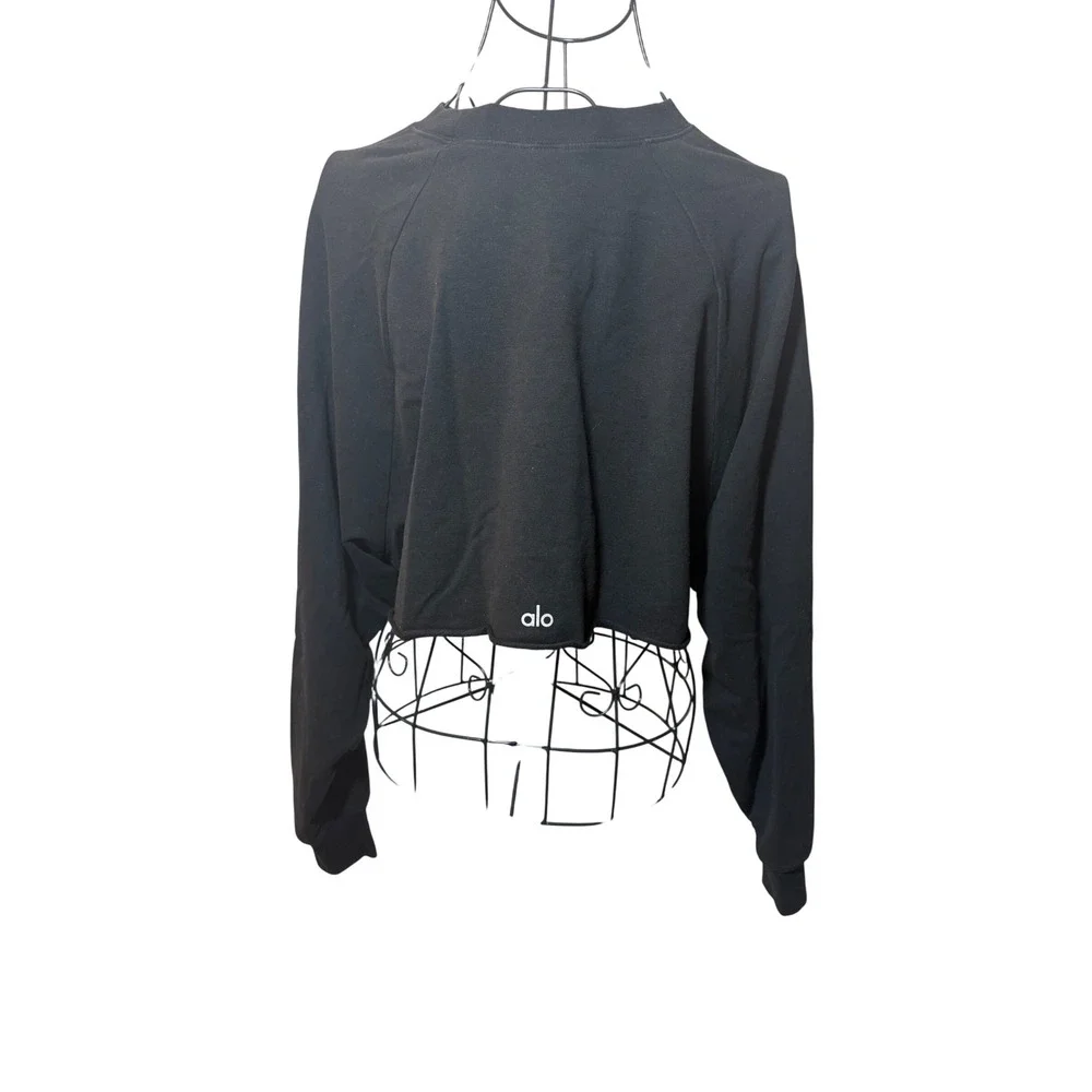 Alo Yoga Womens Black Cropped Raw Hem Long Sleeve Sweatshirt Pullover - XS